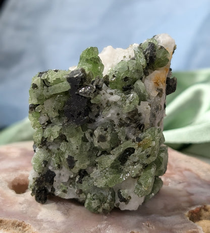 Green Diopside Specimen with Mica and Calcite