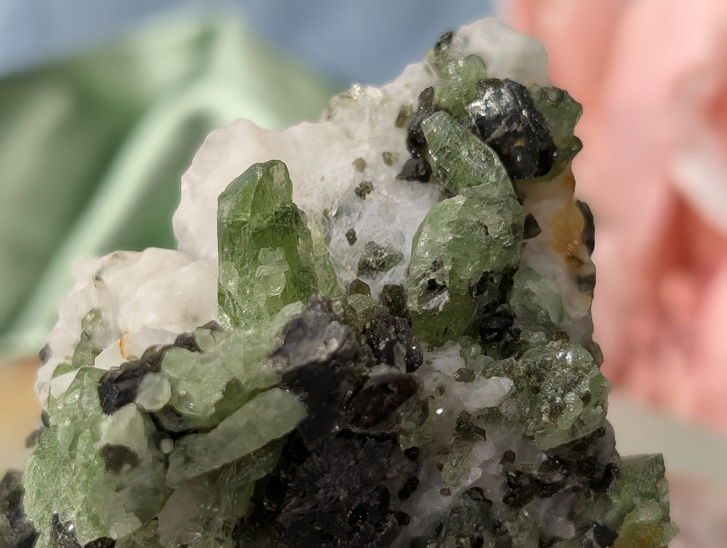Green Diopside Specimen with Mica and Calcite