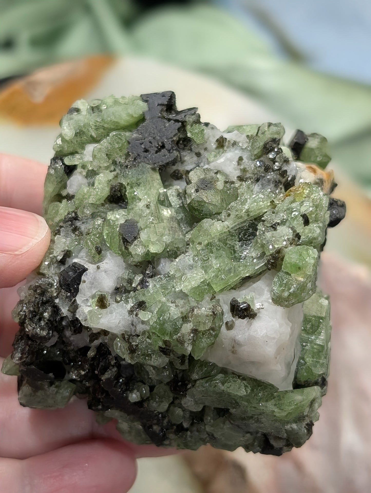 Green Diopside Specimen with Mica and Calcite
