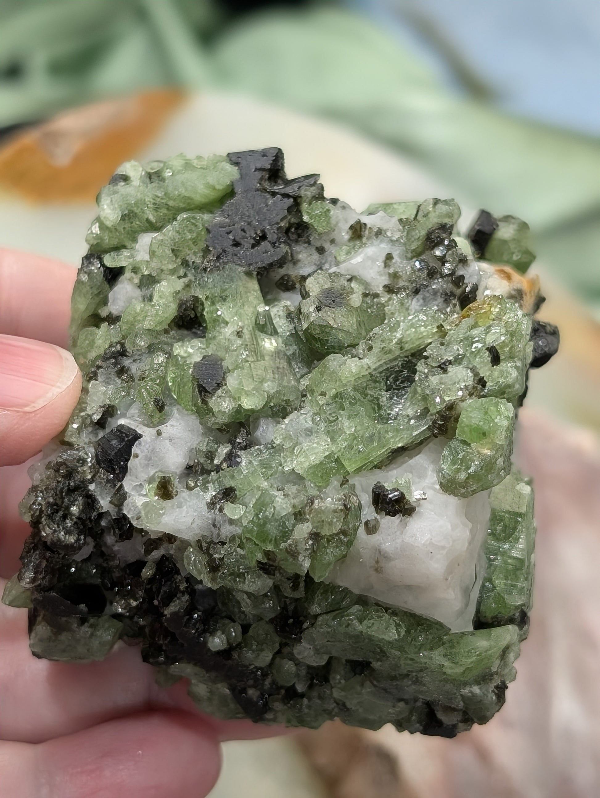 Green Diopside Specimen with Mica and Calcite