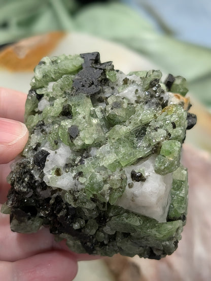 Green Diopside Specimen with Mica and Calcite