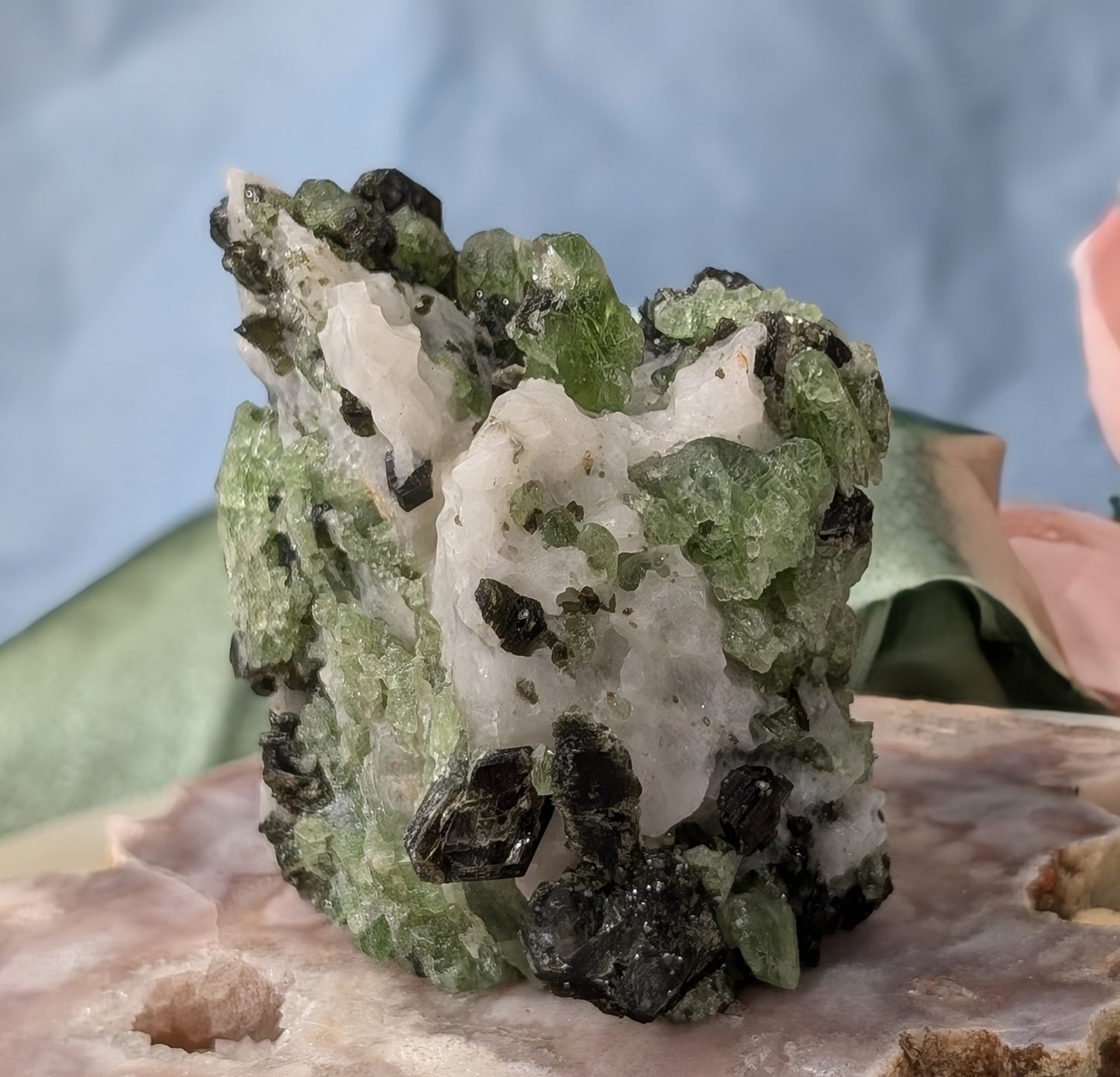 Green Diopside Specimen with Mica and Calcite