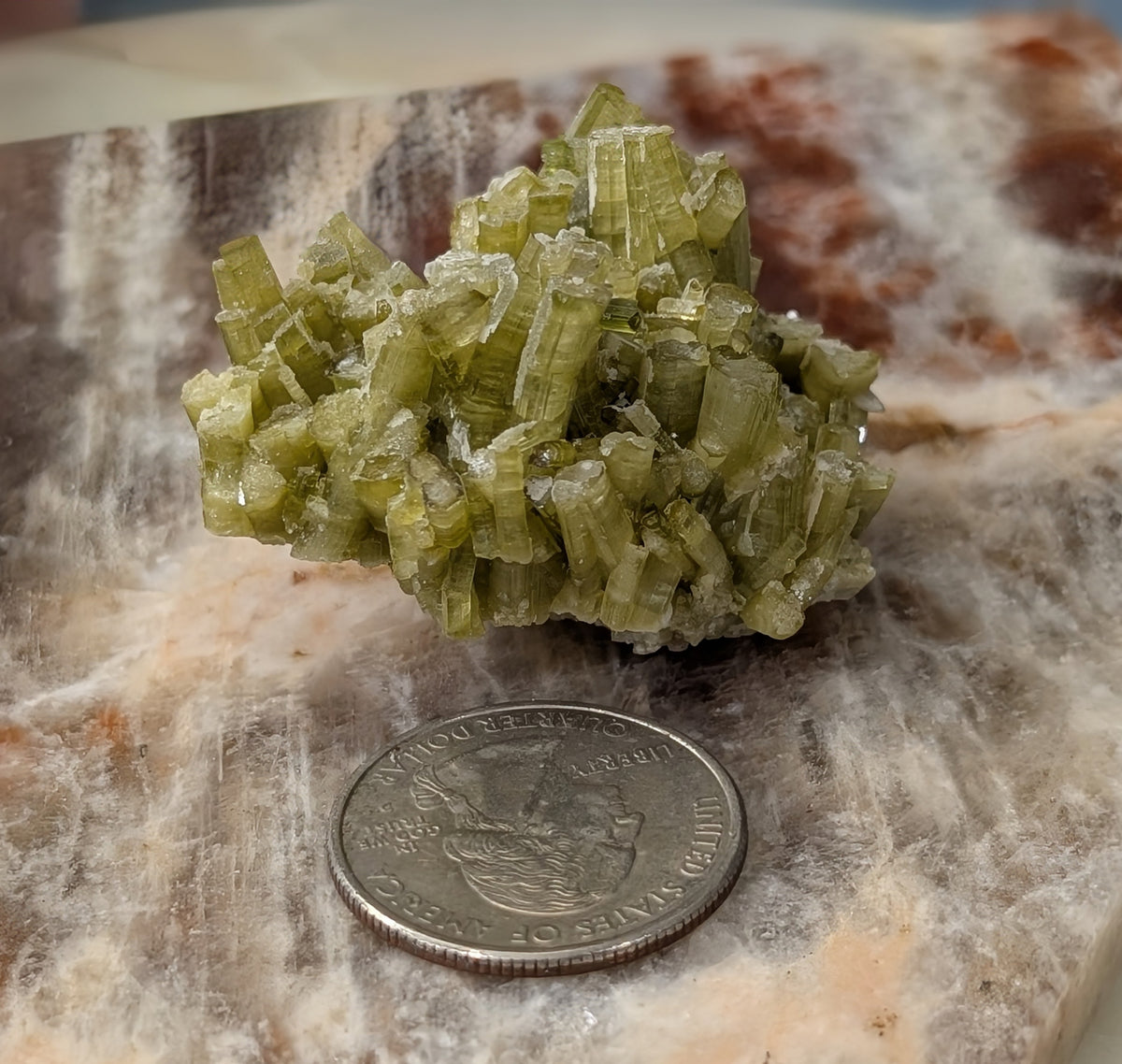 Green Tourmaline on Quartz Specimen