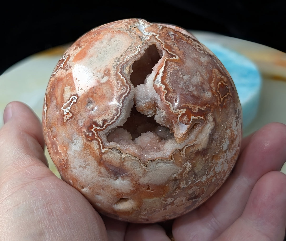 Hand Carved Druzy Pink Crazy Lace Agate Sphere