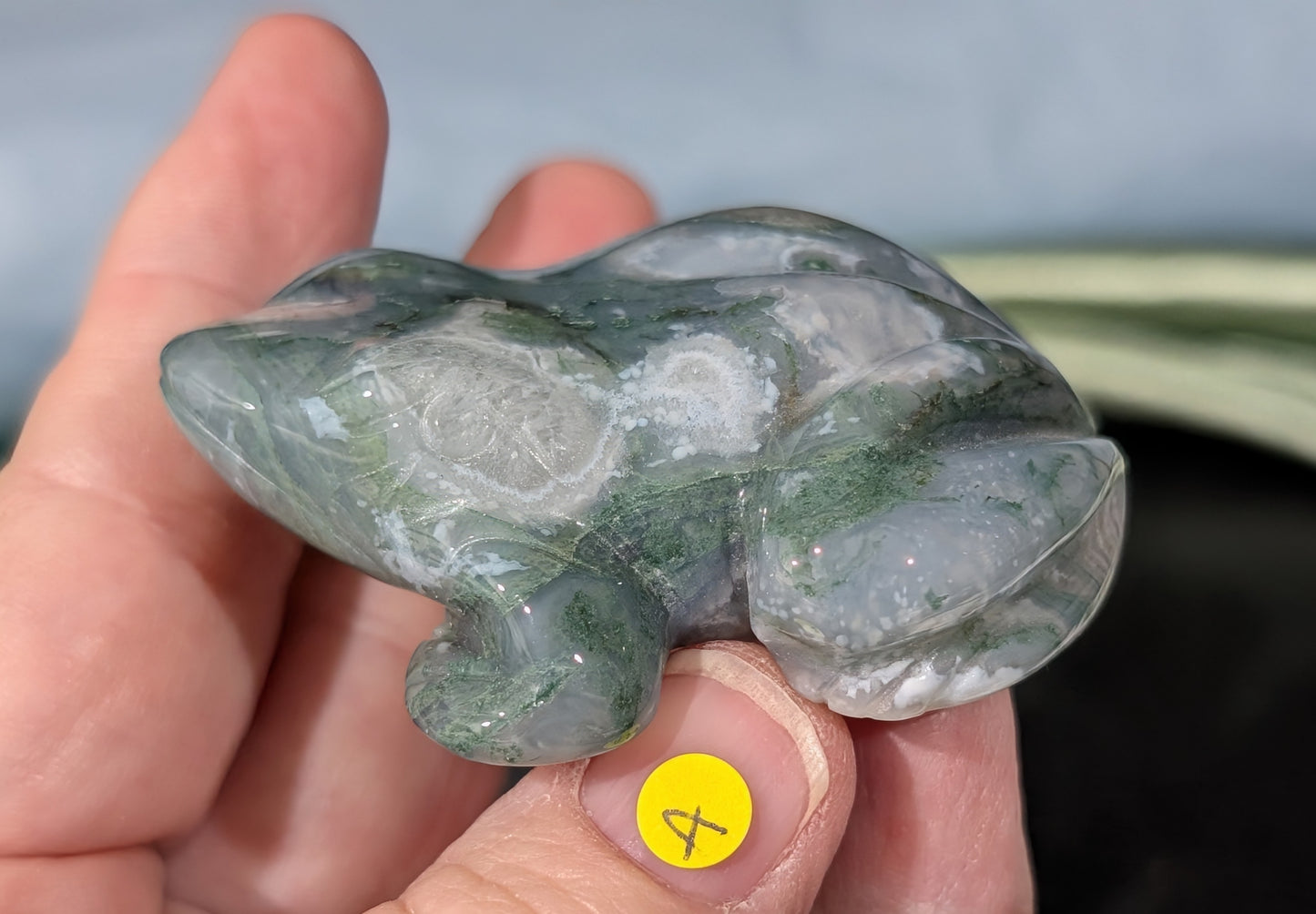 Hand Carved Moss Agate Frog Figurine 1A6