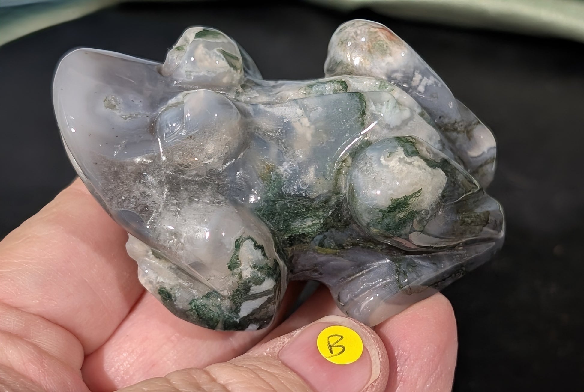 Hand Carved Moss Agate Frog Figurine 1B4