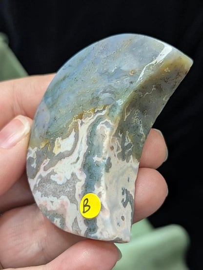 Hand Carved Moss Agate Moon B