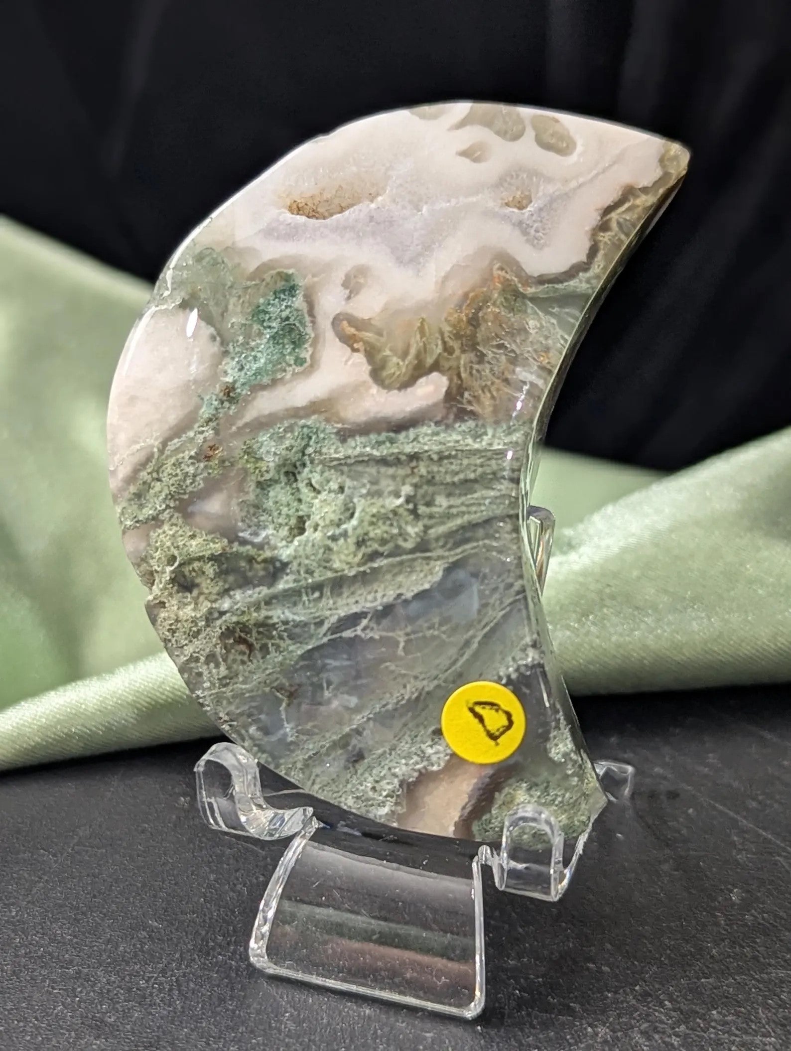 Hand Carved Moss Agate Moon D