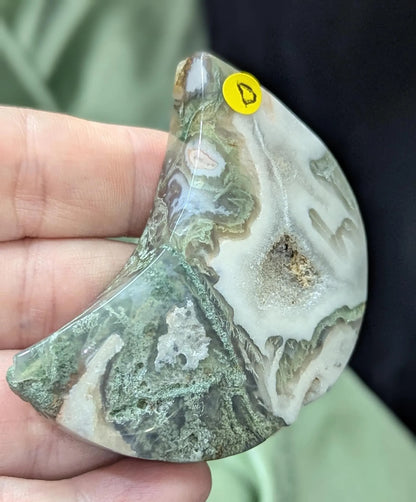 Hand Carved Moss Agate Moon D