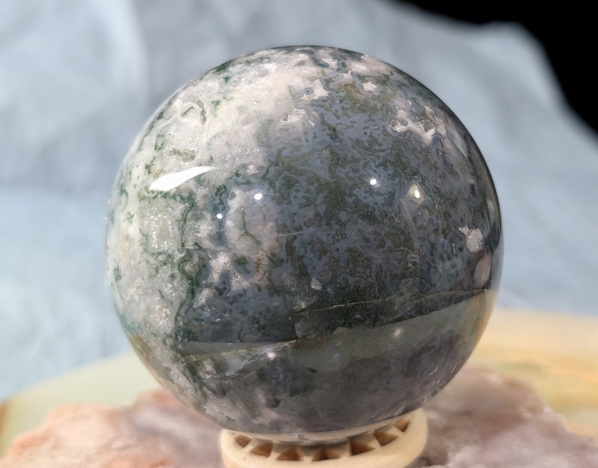 Hand Carved Moss Agate Sphere