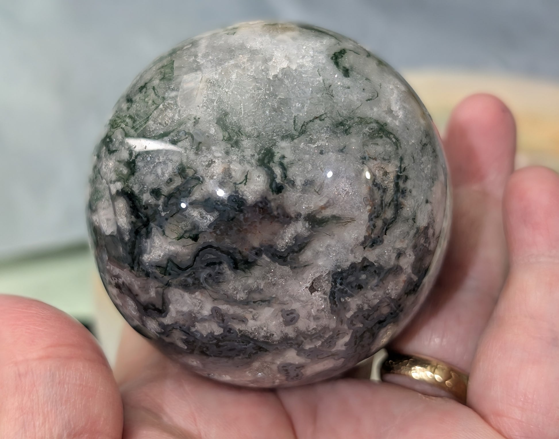 Hand Carved Moss Agate Sphere
