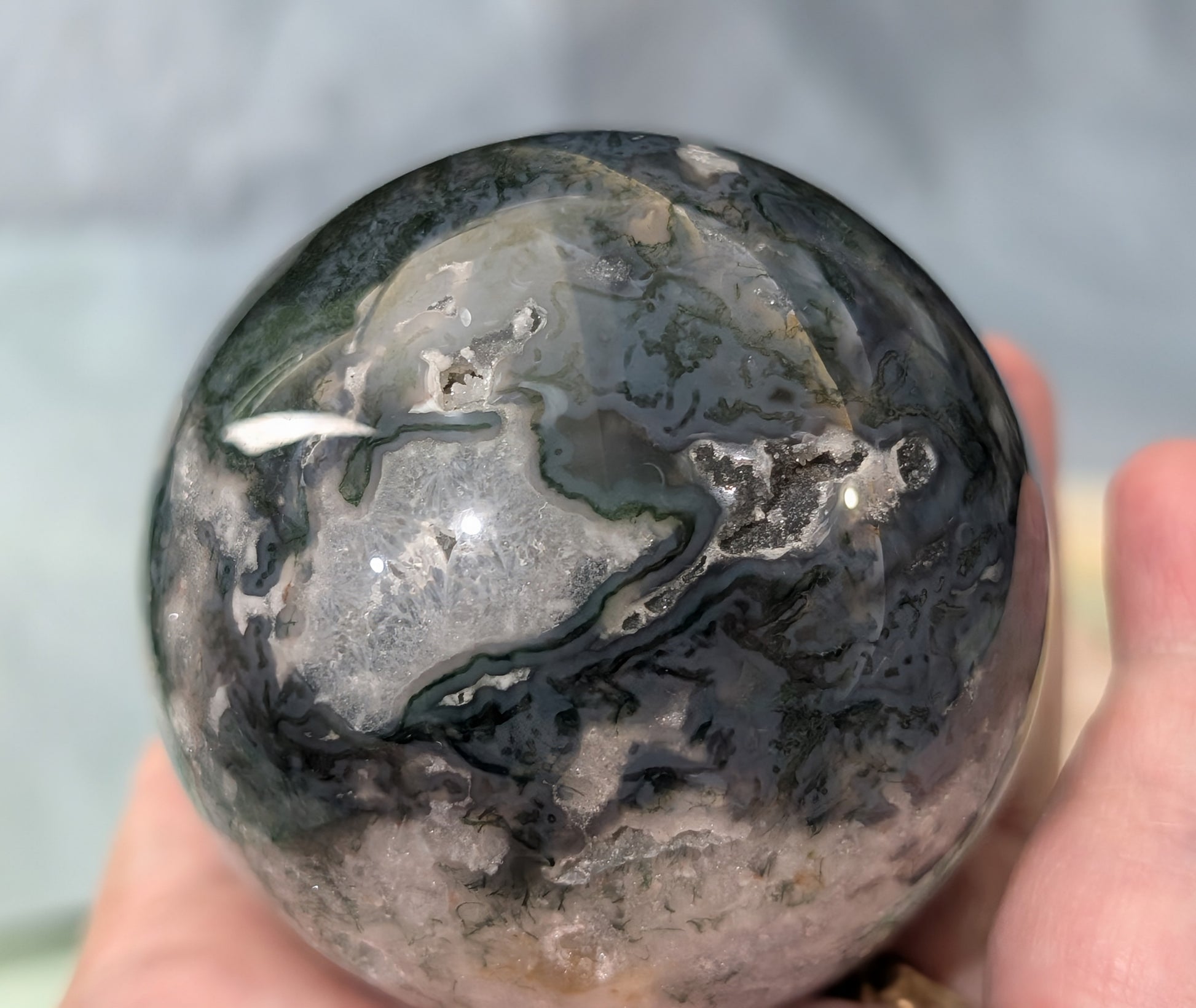 Hand Carved Moss Agate Sphere