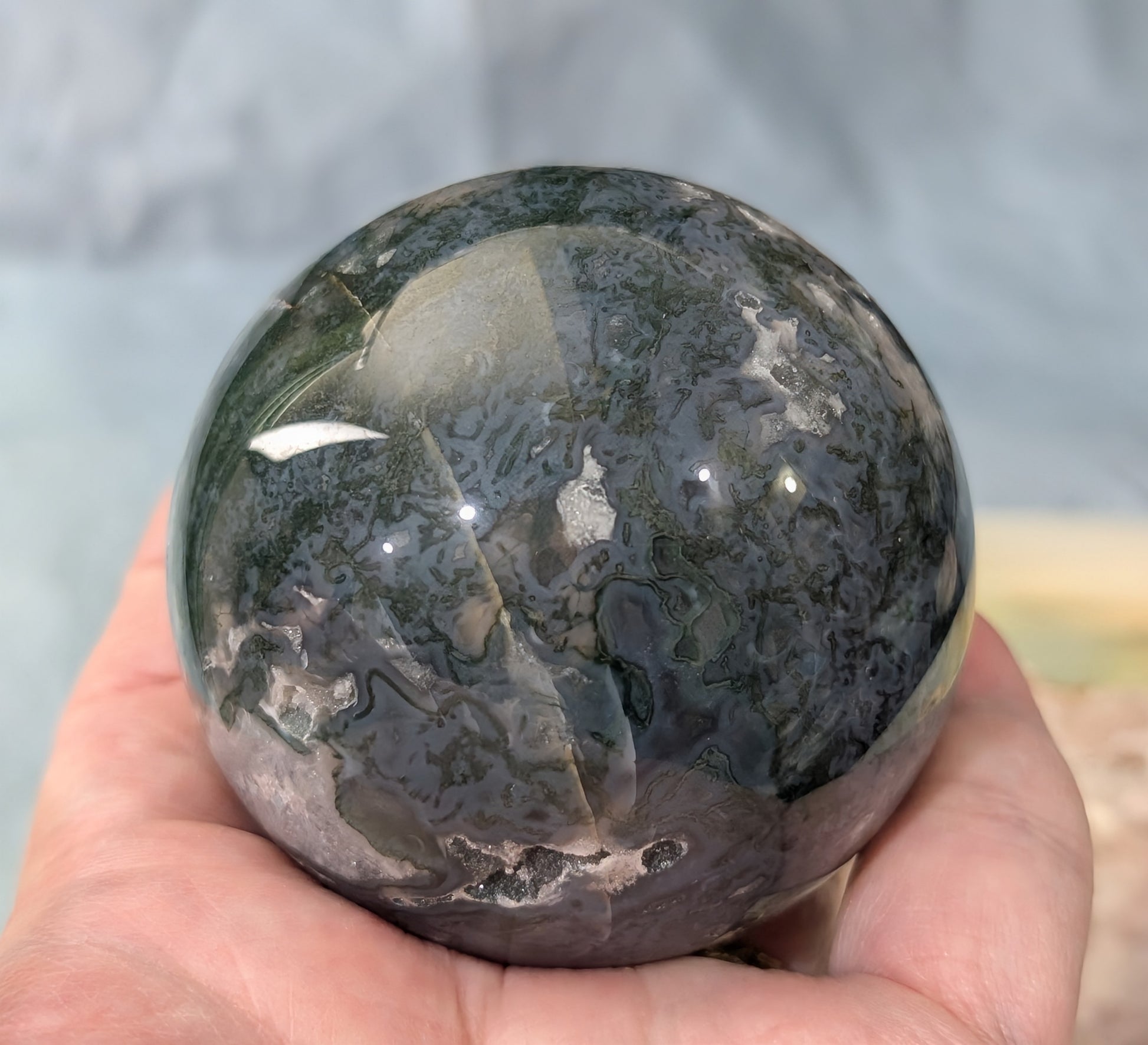 Hand Carved Moss Agate Sphere