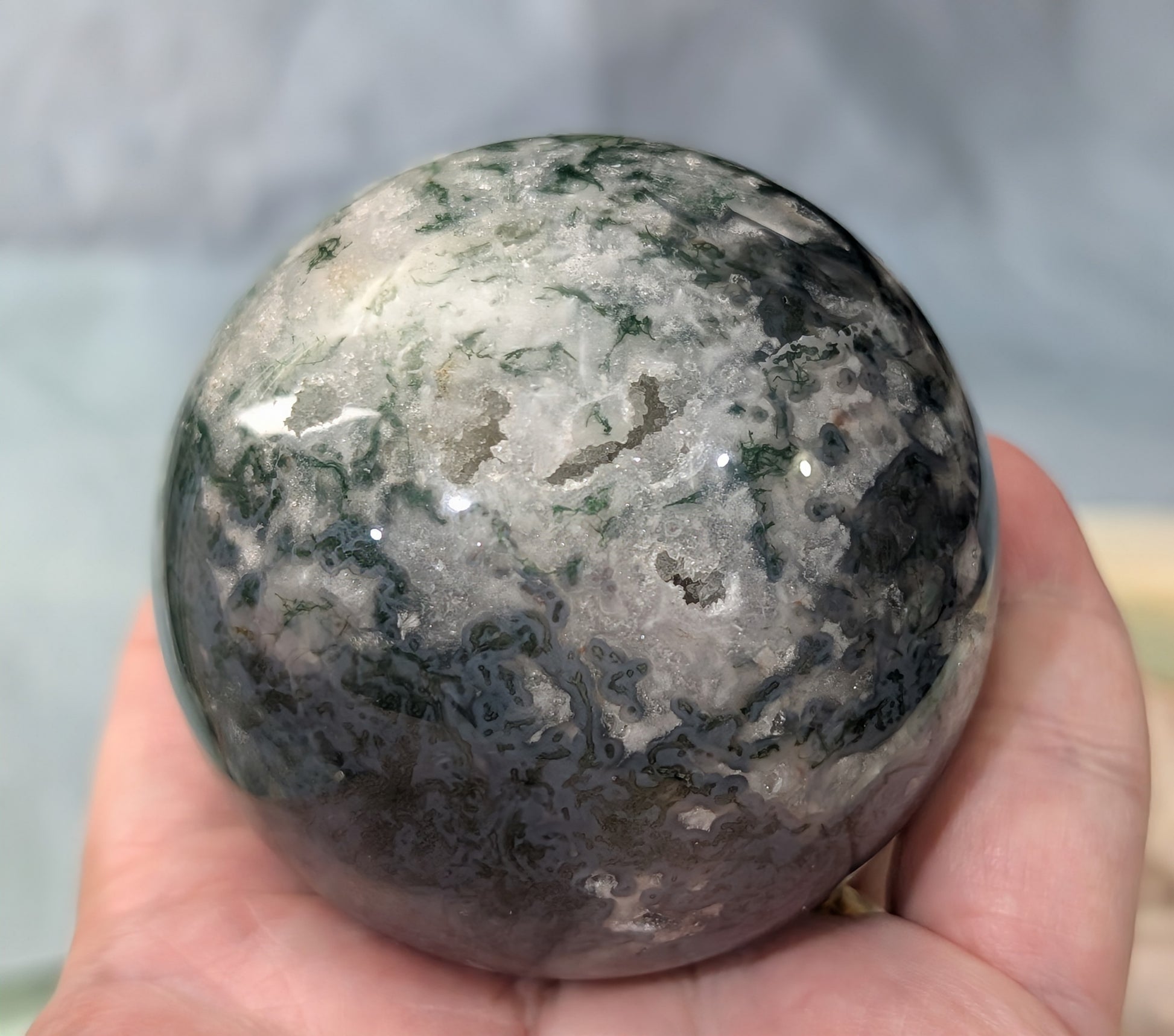 Hand Carved Moss Agate Sphere