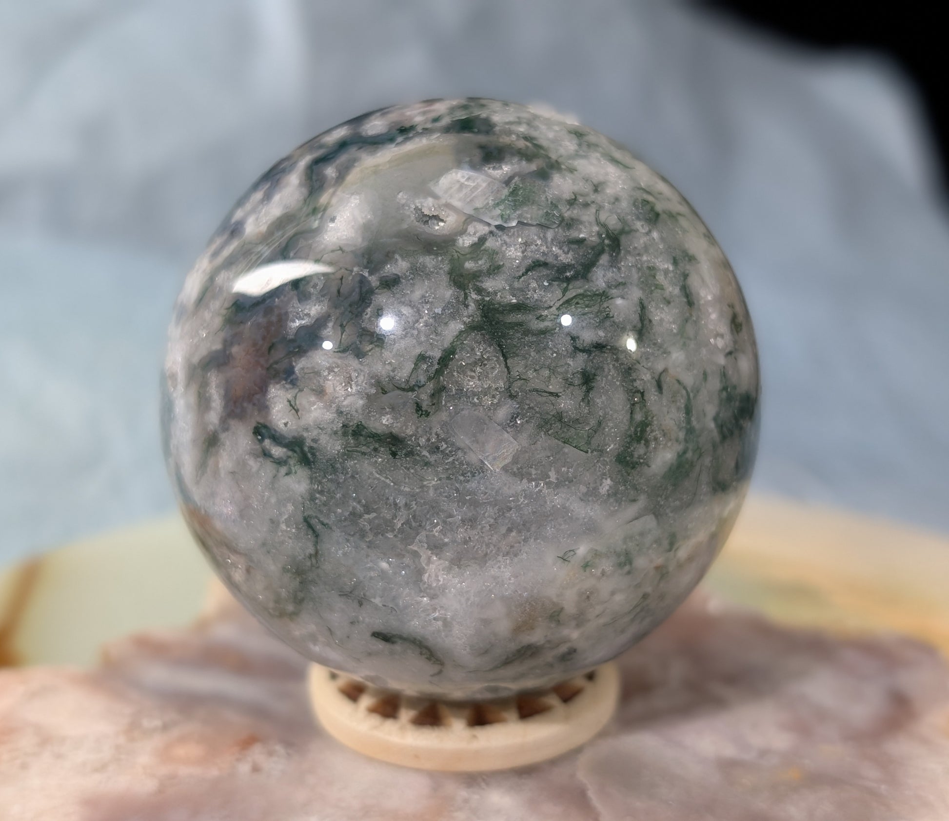 Hand Carved Moss Agate Sphere