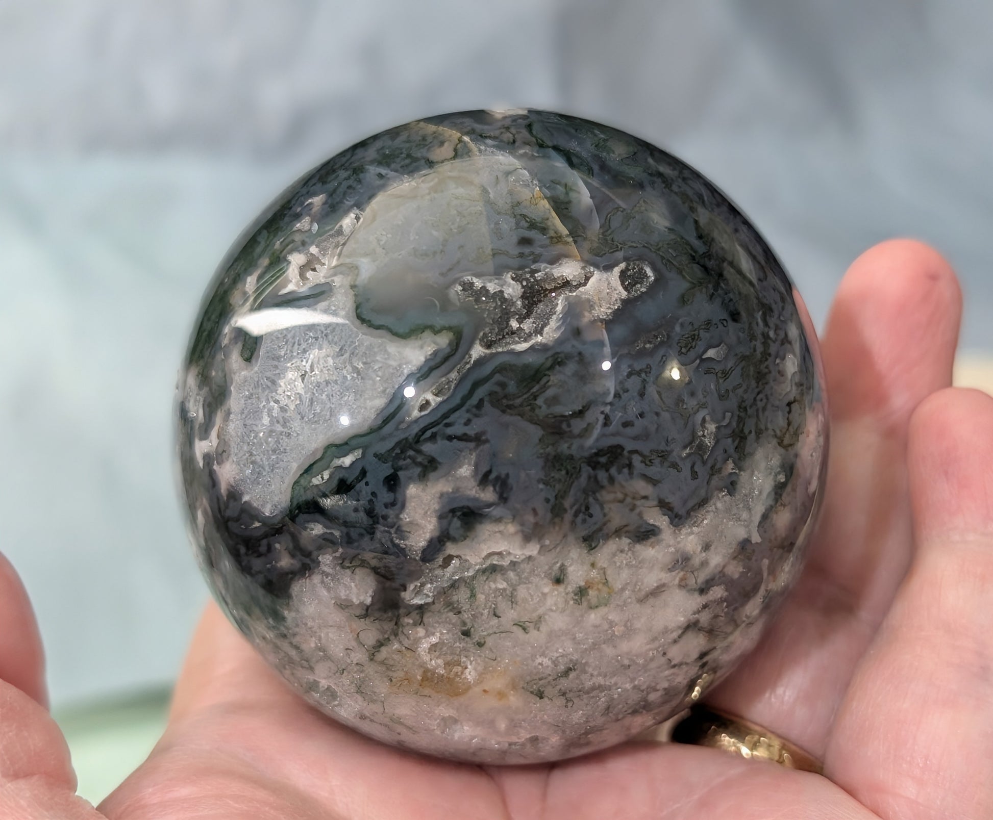 Hand Carved Moss Agate Sphere