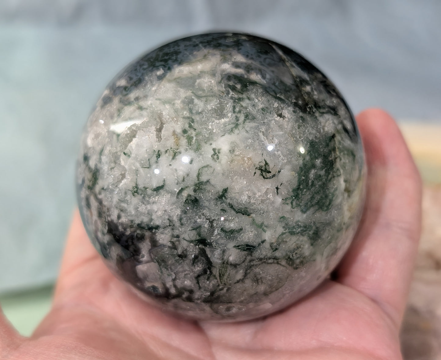 Hand Carved Moss Agate Sphere