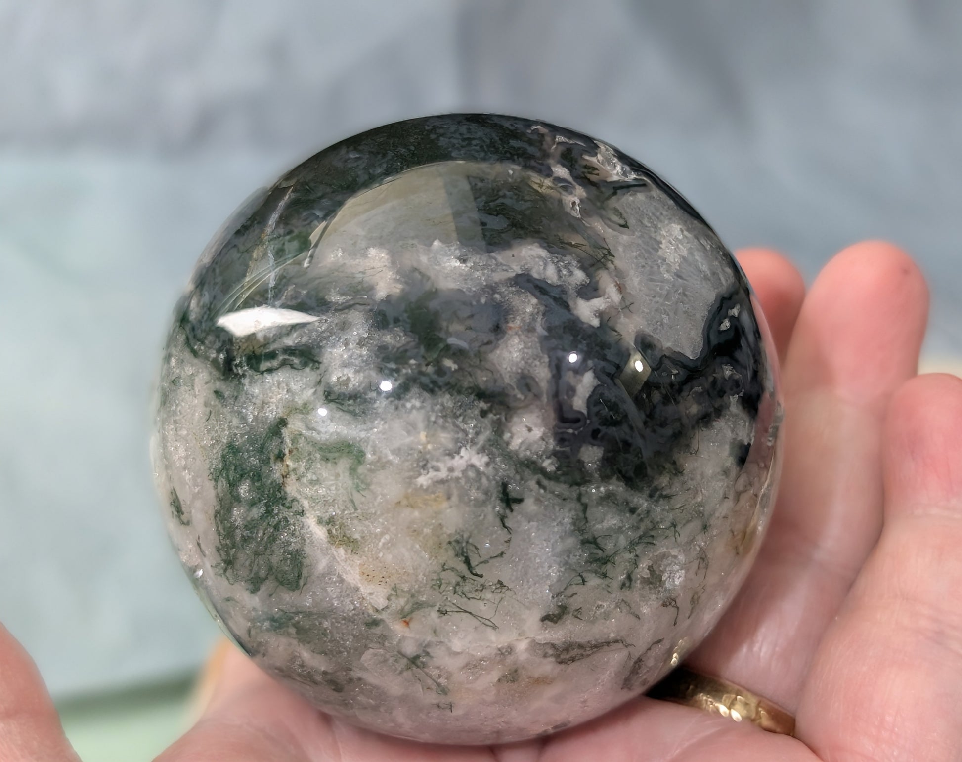 Hand Carved Moss Agate Sphere