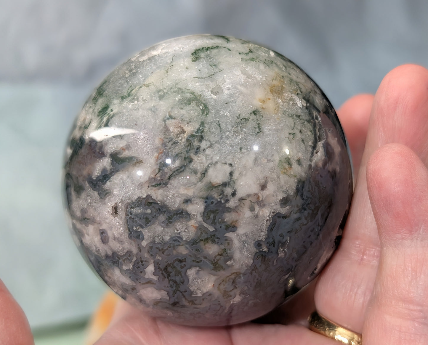 Hand Carved Moss Agate Sphere