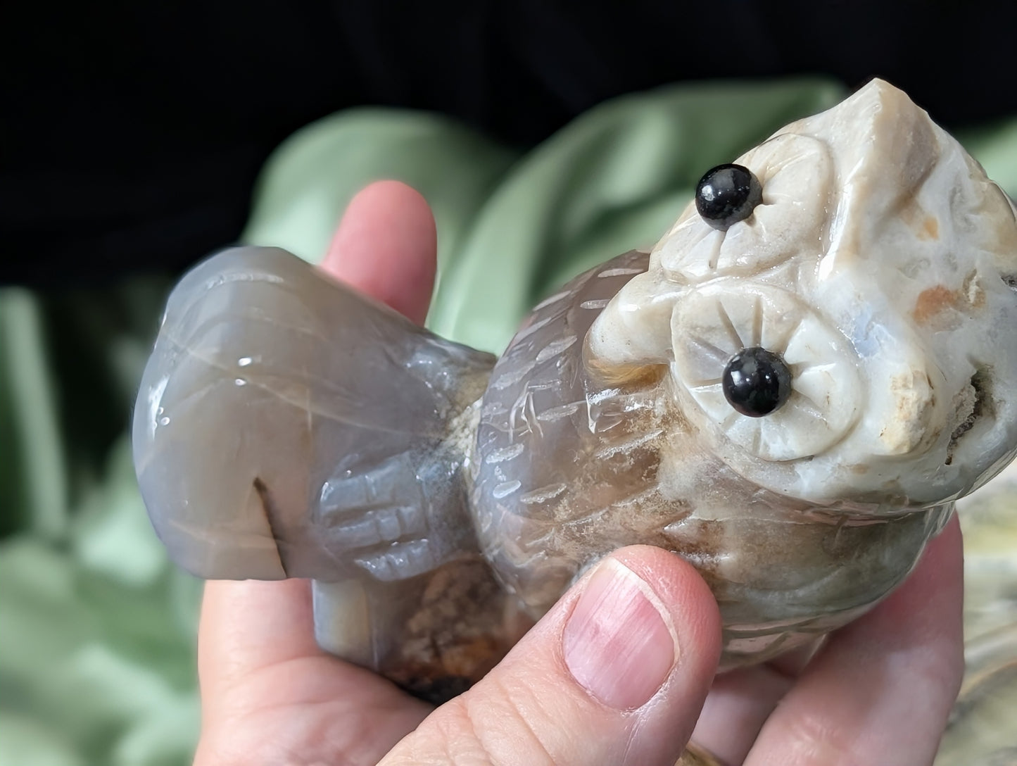 Hand Carved Ocean Jasper Owl Figurine with Obsidian Eyes