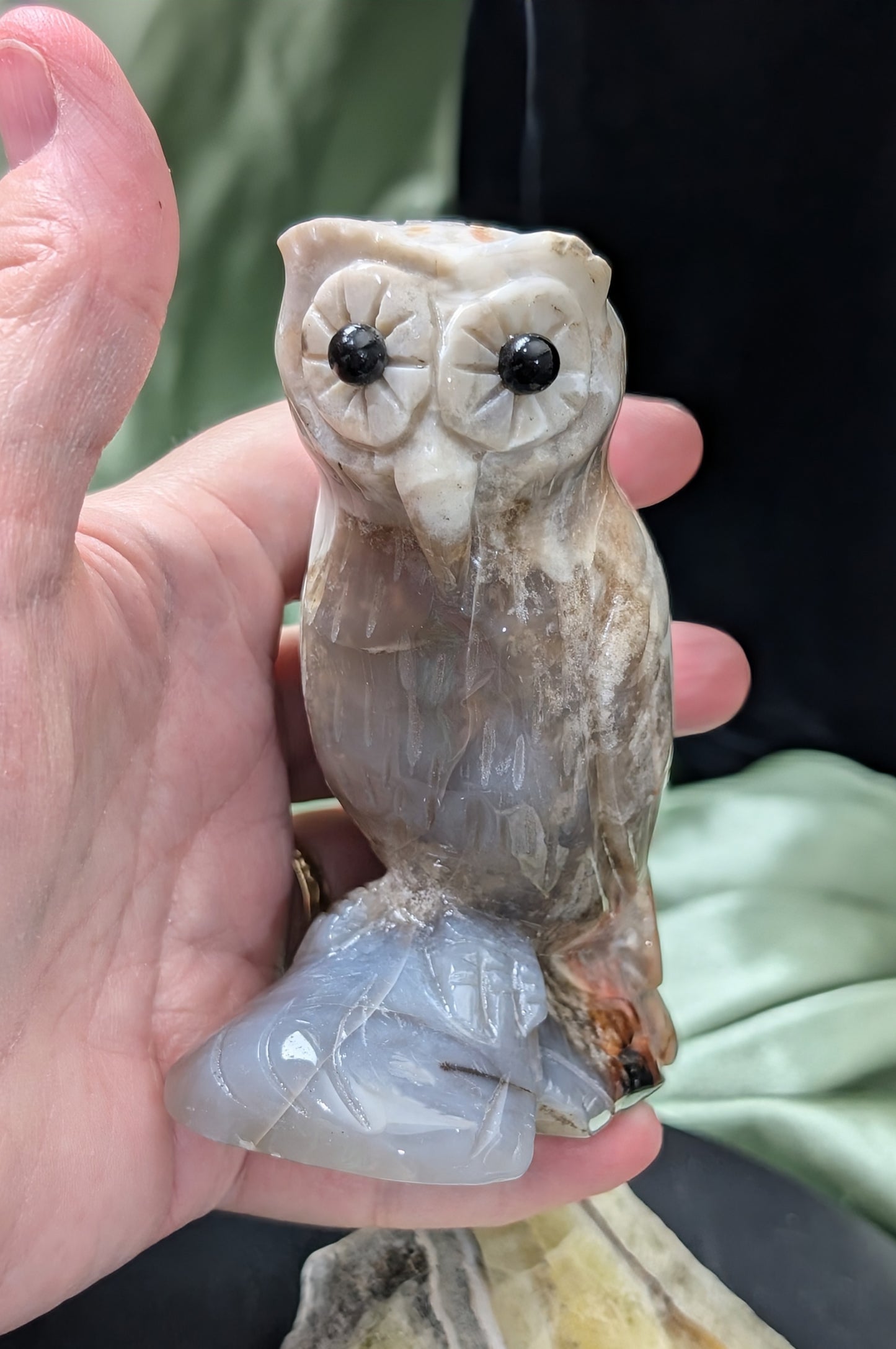 Hand Carved Ocean Jasper Owl Figurine with Obsidian Eyes