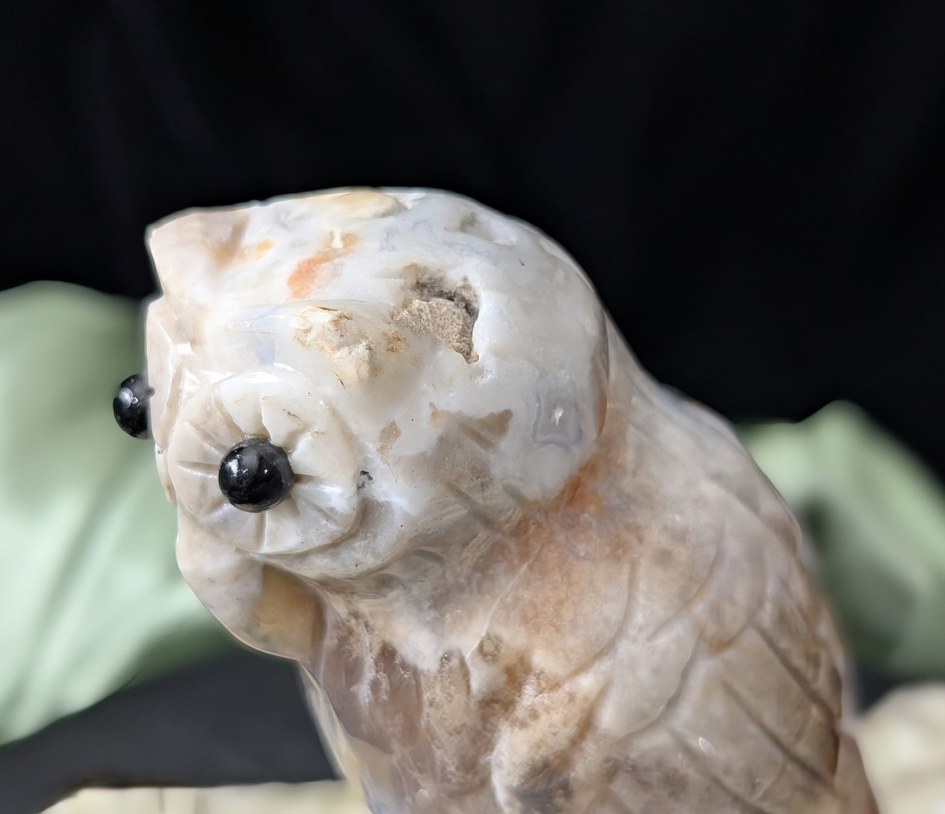 Hand Carved Ocean Jasper Owl Figurine with Obsidian Eyes