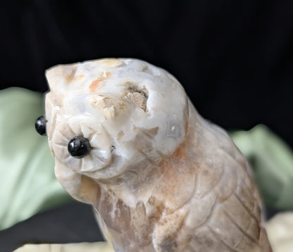 Hand Carved Ocean Jasper Owl Figurine with Obsidian Eyes