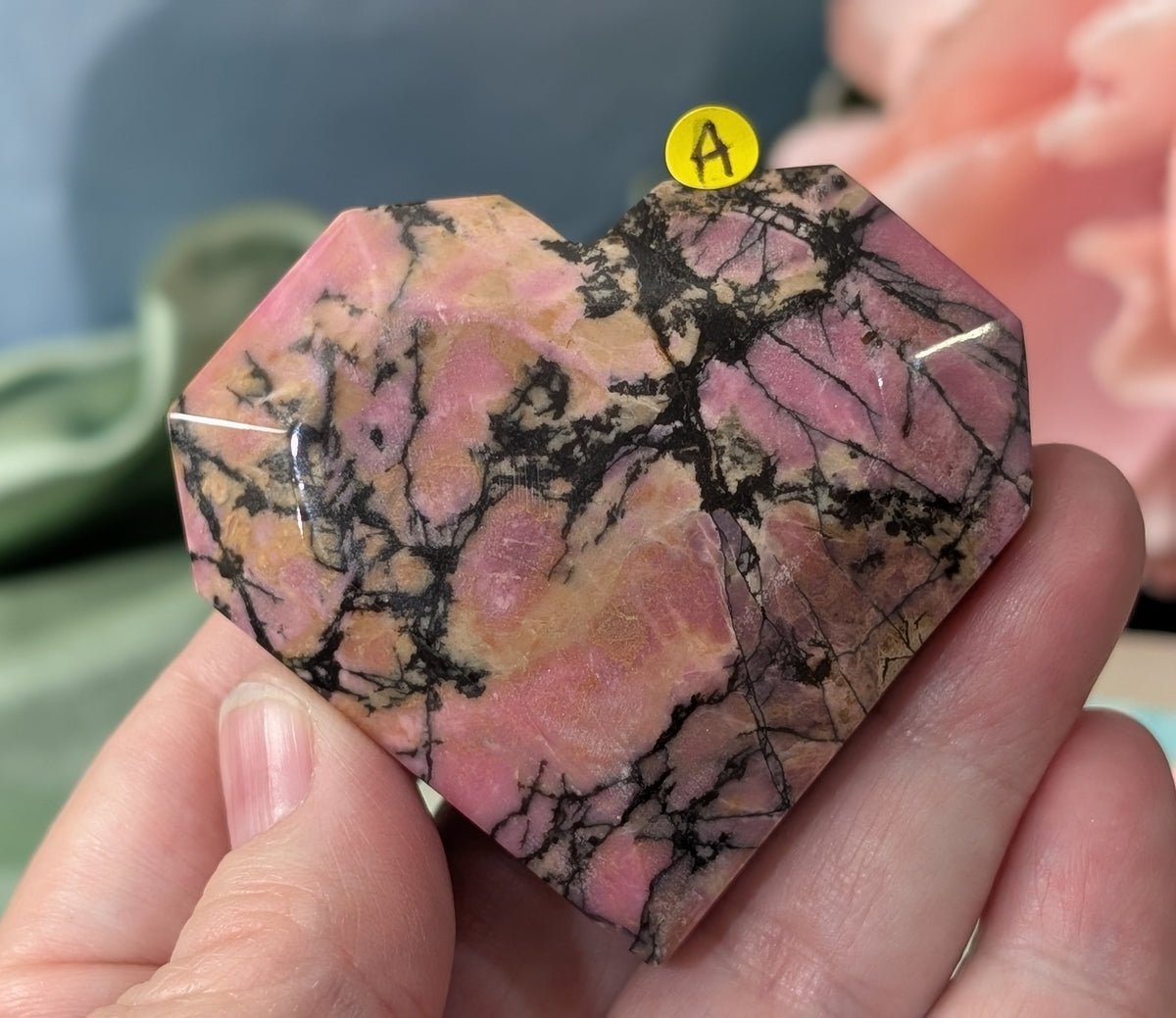 Hand Carved Rhodonite Faceted Heart