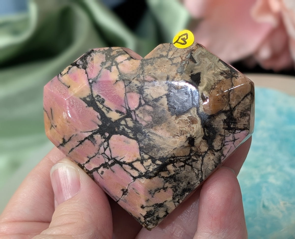 Hand Carved Rhodonite Faceted Heart