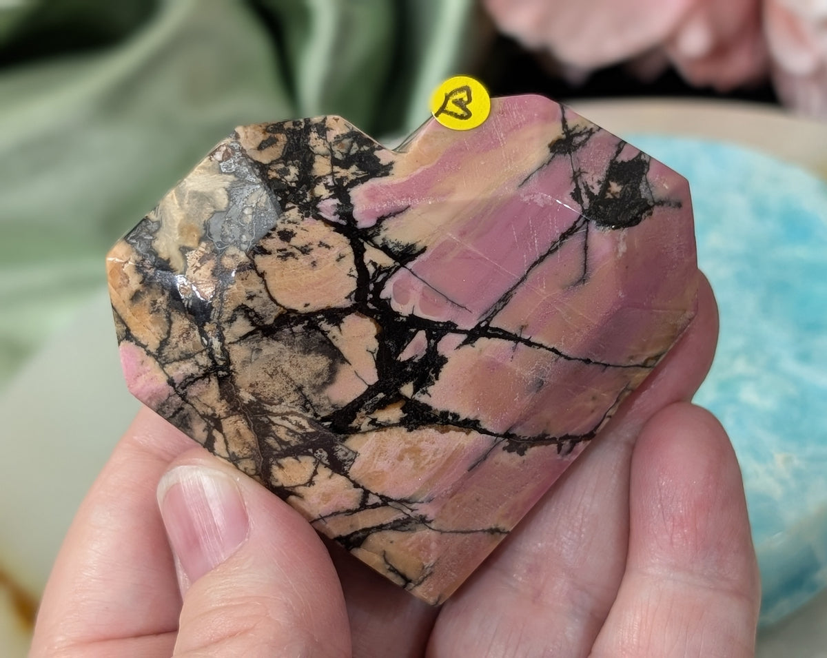 Hand Carved Rhodonite Faceted Heart