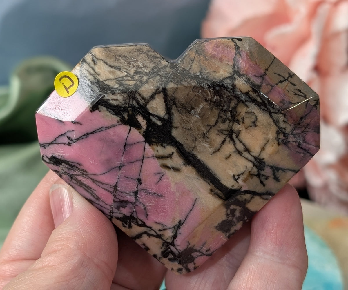 Hand Carved Rhodonite Faceted Heart