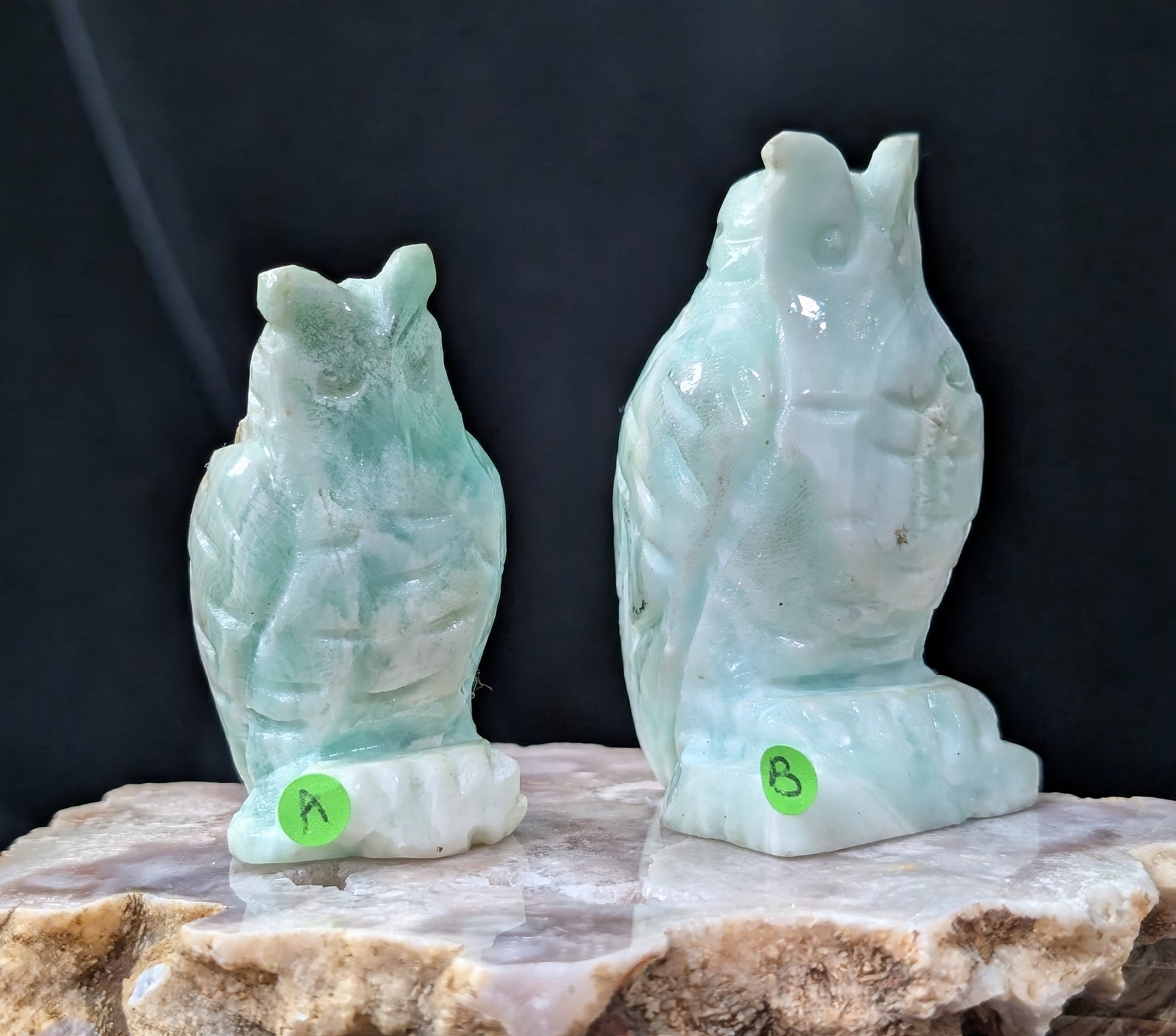 Hand Carved Smithsonite Owl Figurines