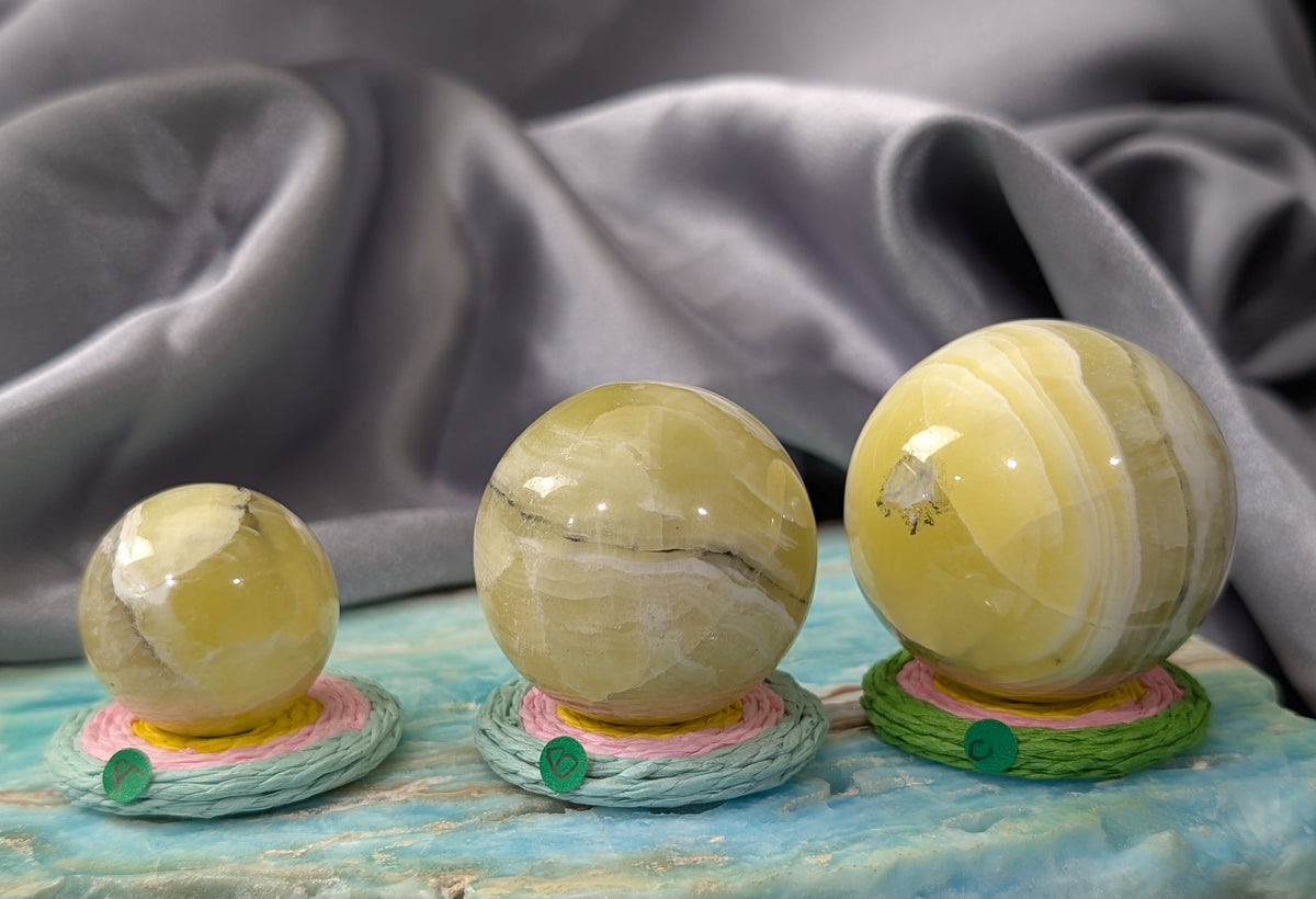 Hand Carved Yellow Brucite Spheres