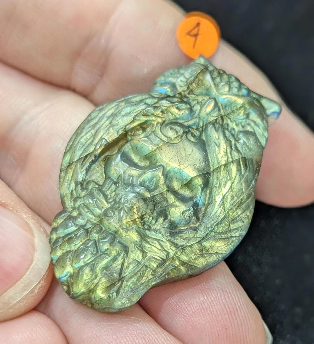 Labradorite Owl Holding Skull Carving