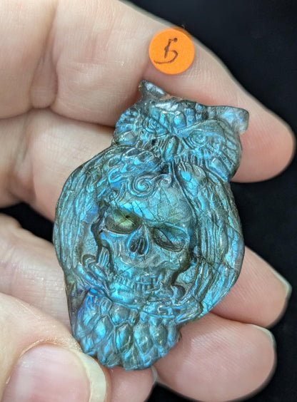 Labradorite Owl Holding Skull Carving