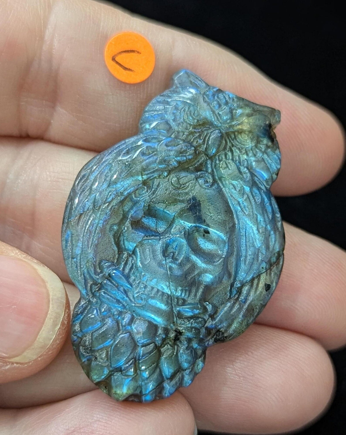 Labradorite Owl Holding Skull Carving
