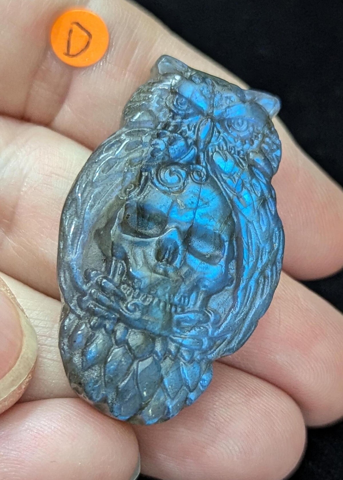 Labradorite Owl Holding Skull Carving