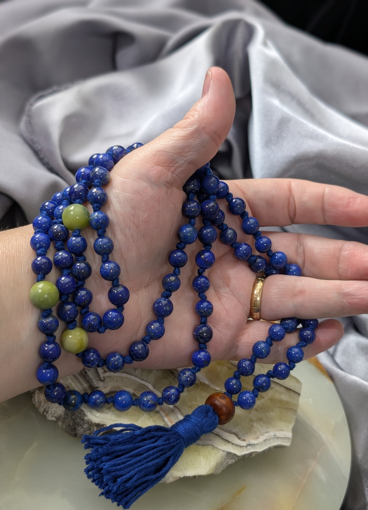 Lapis Lazuli 108 Bead Mala with Jade and Bodhi Seed