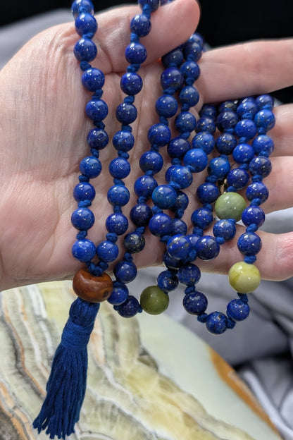Lapis Lazuli 108 Bead Mala with Jade and Bodhi Seed