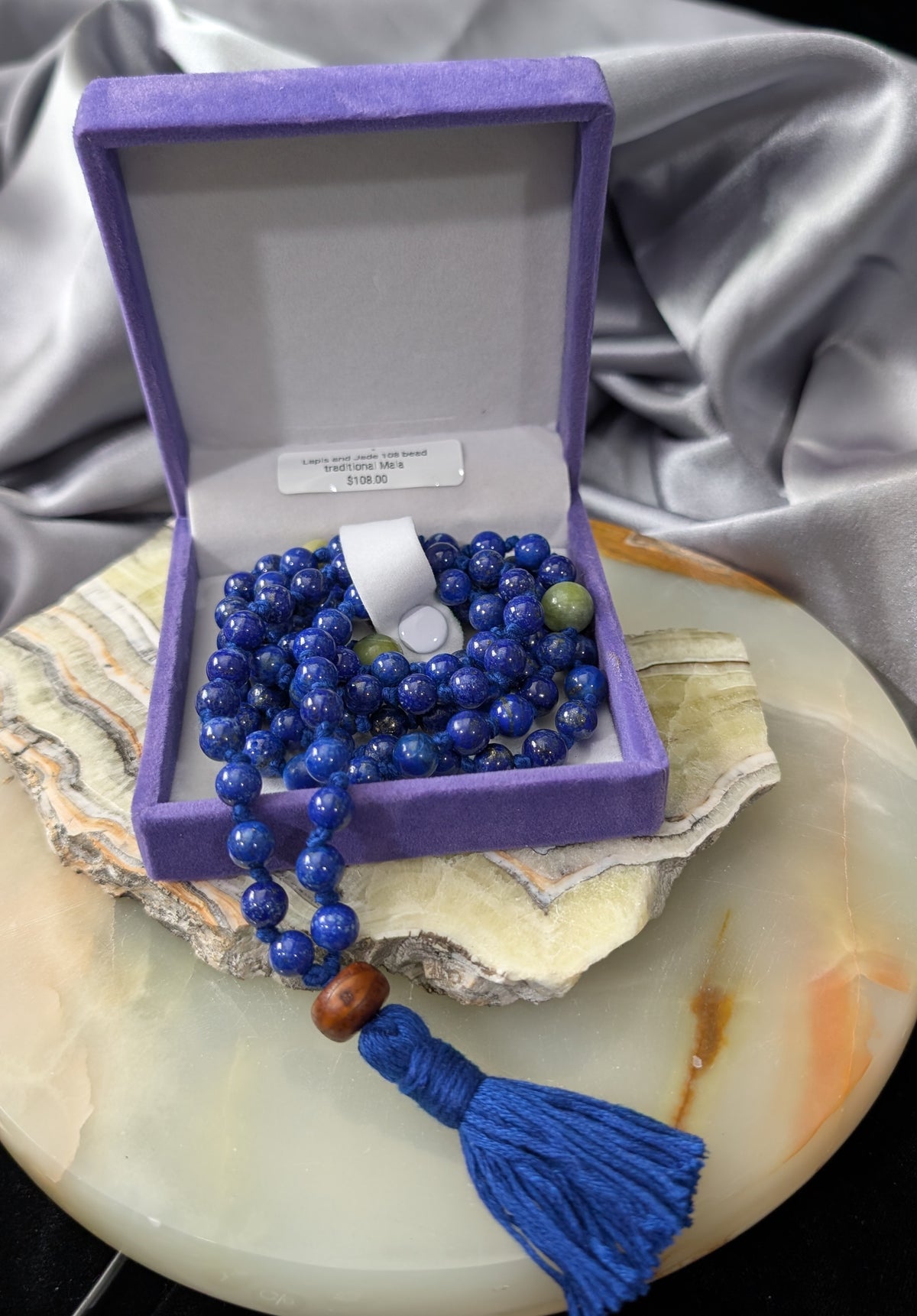 Lapis Lazuli 108 Bead Mala with Jade and Bodhi Seed
