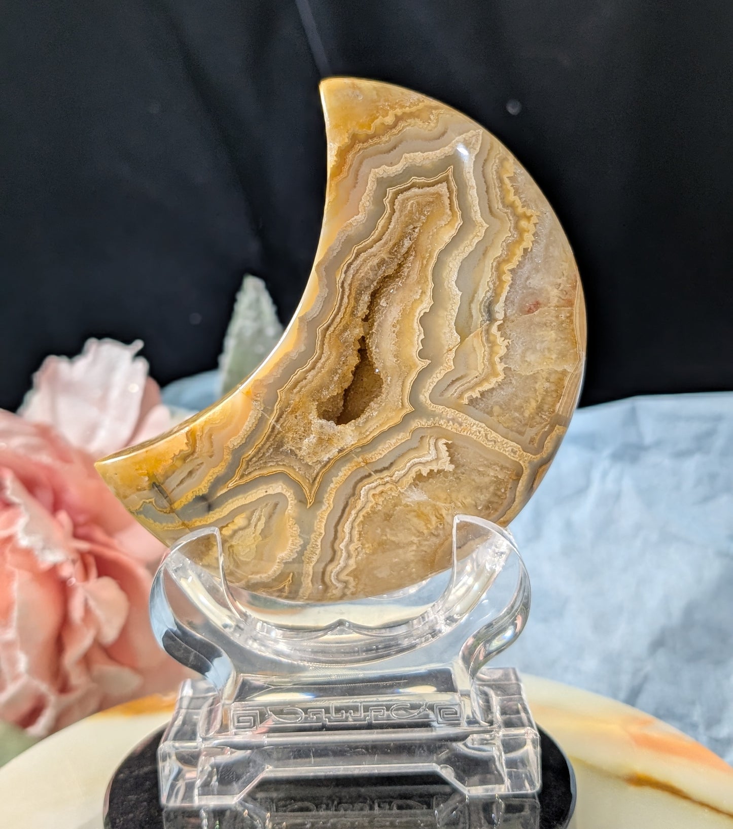 Large Druzy Yellow Crazy Lace Agate Moon