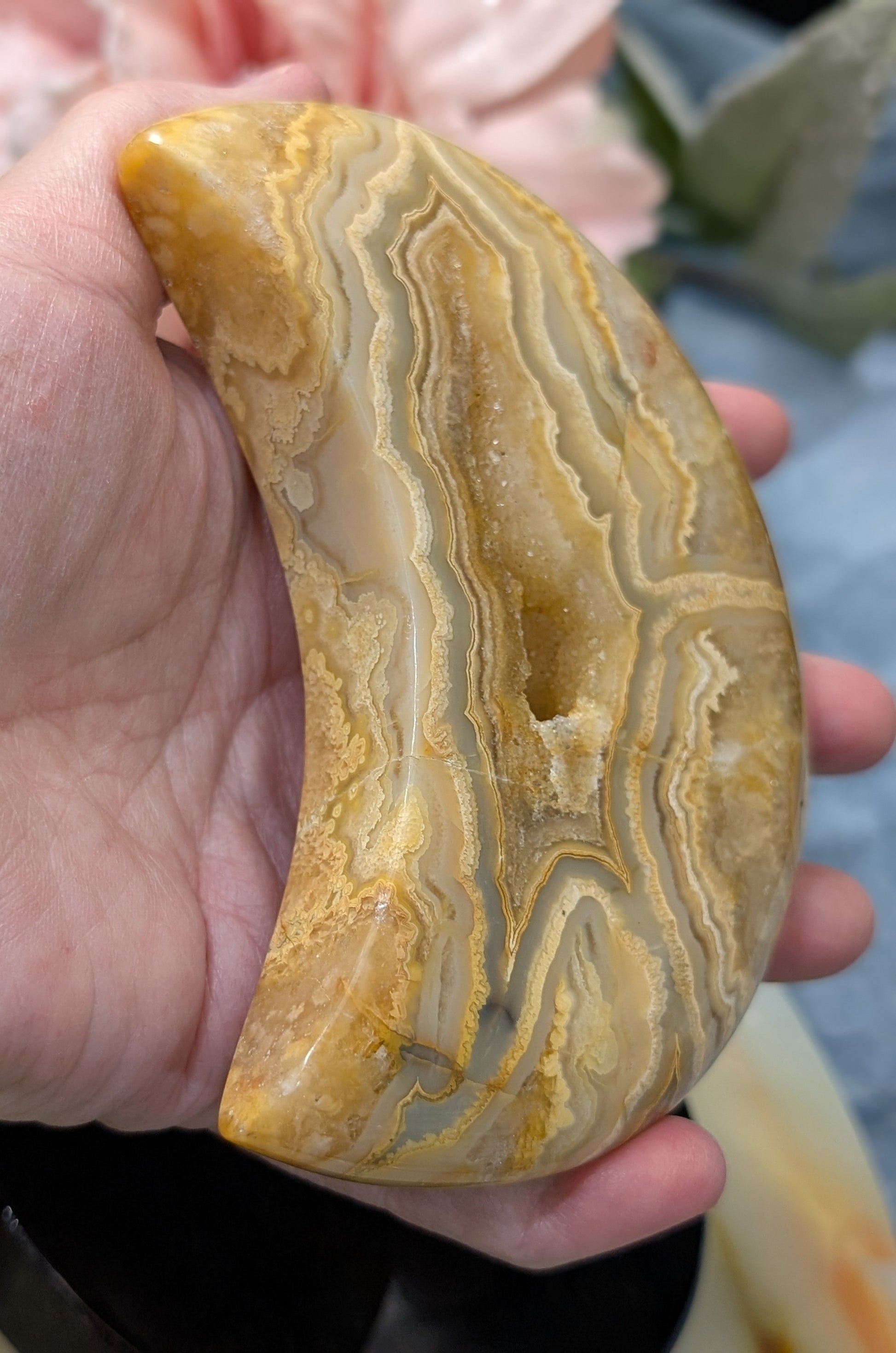 Large Druzy Yellow Crazy Lace Agate Moon