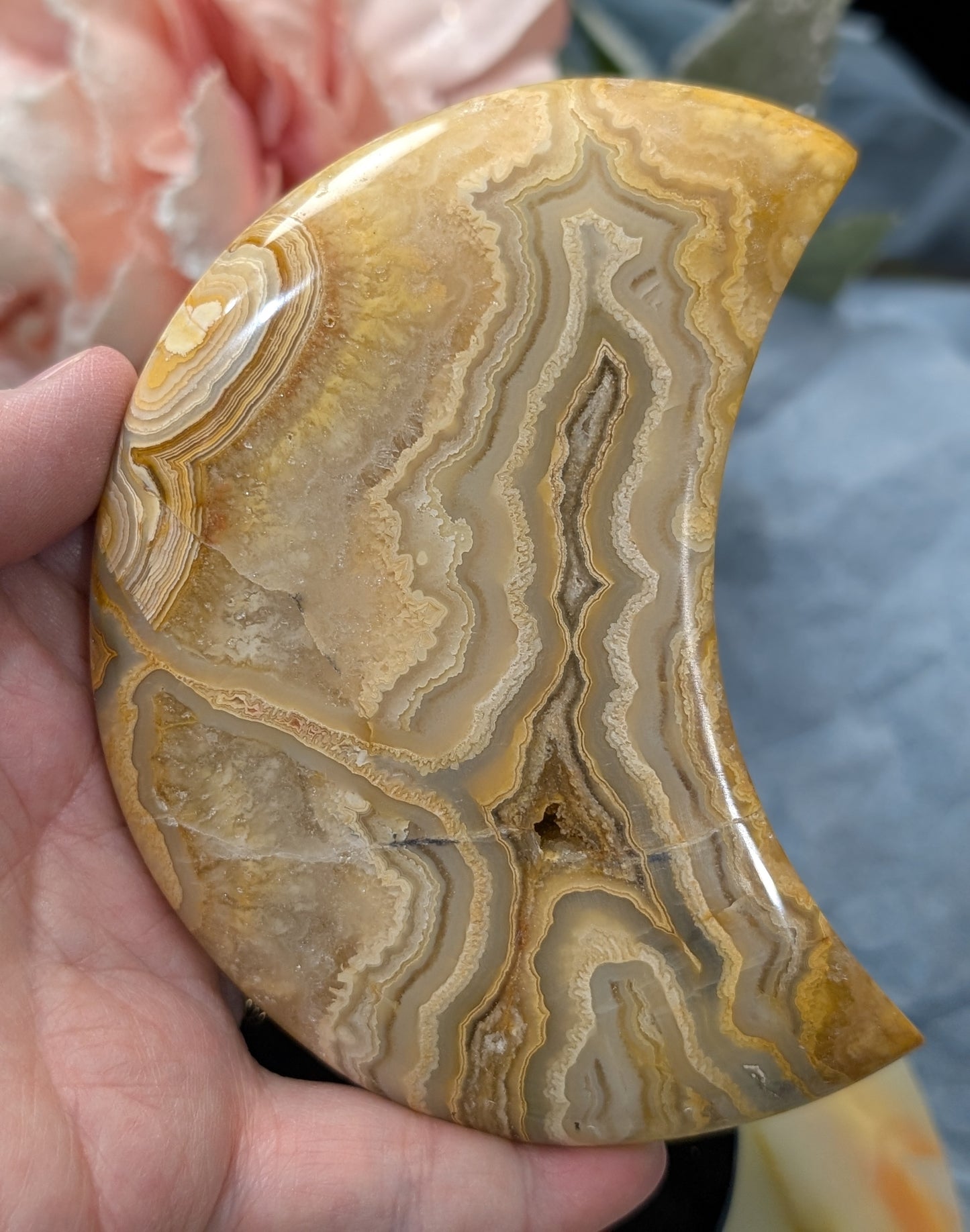 Large Druzy Yellow Crazy Lace Agate Moon