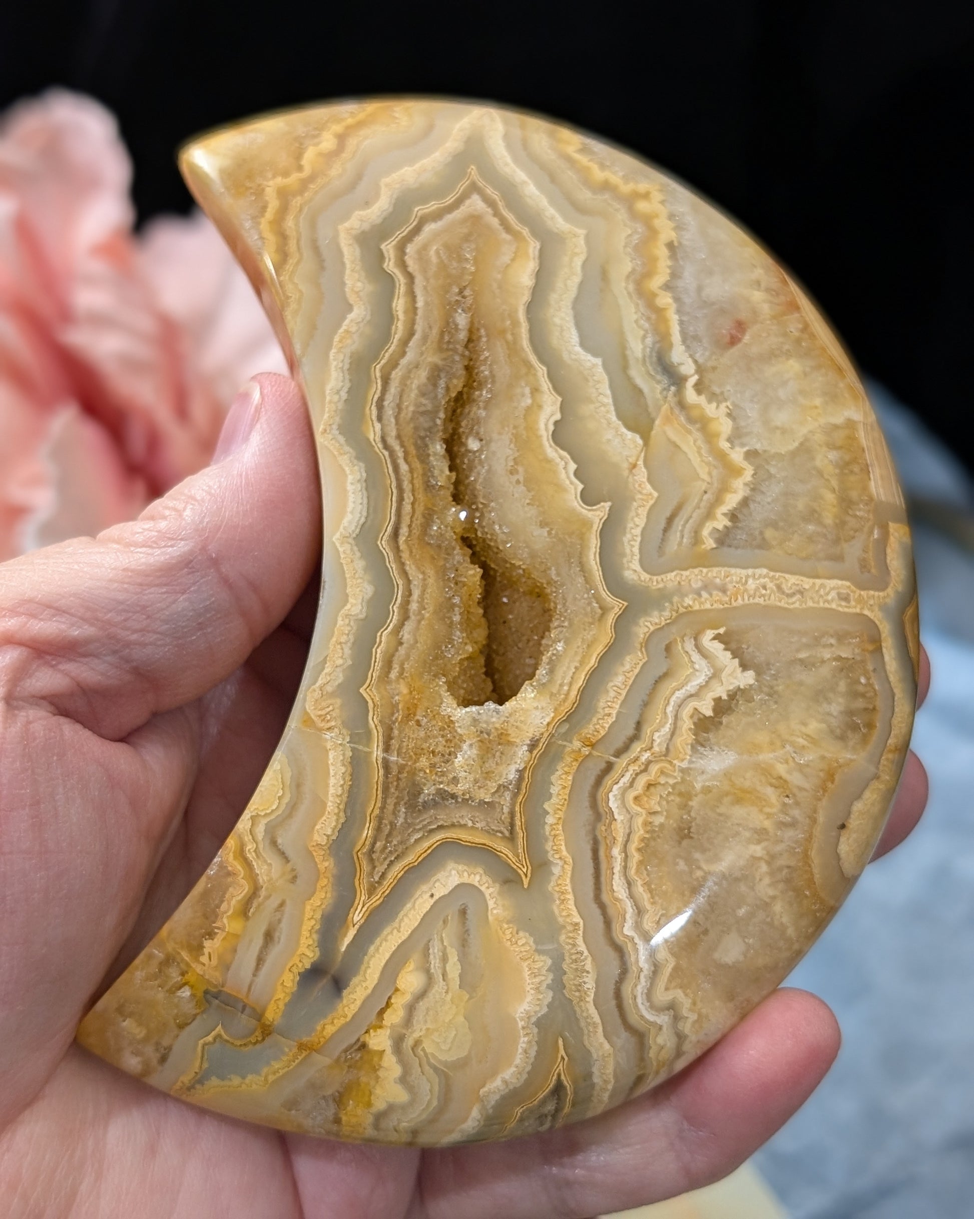 Large Druzy Yellow Crazy Lace Agate Moon