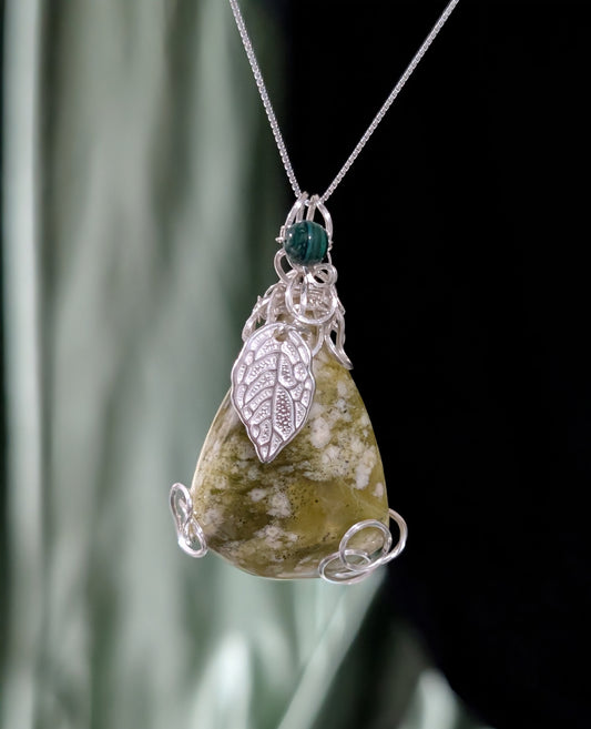 Lizardite Serpentine with Silver Leaf Charm Wire Wrapped Pendant