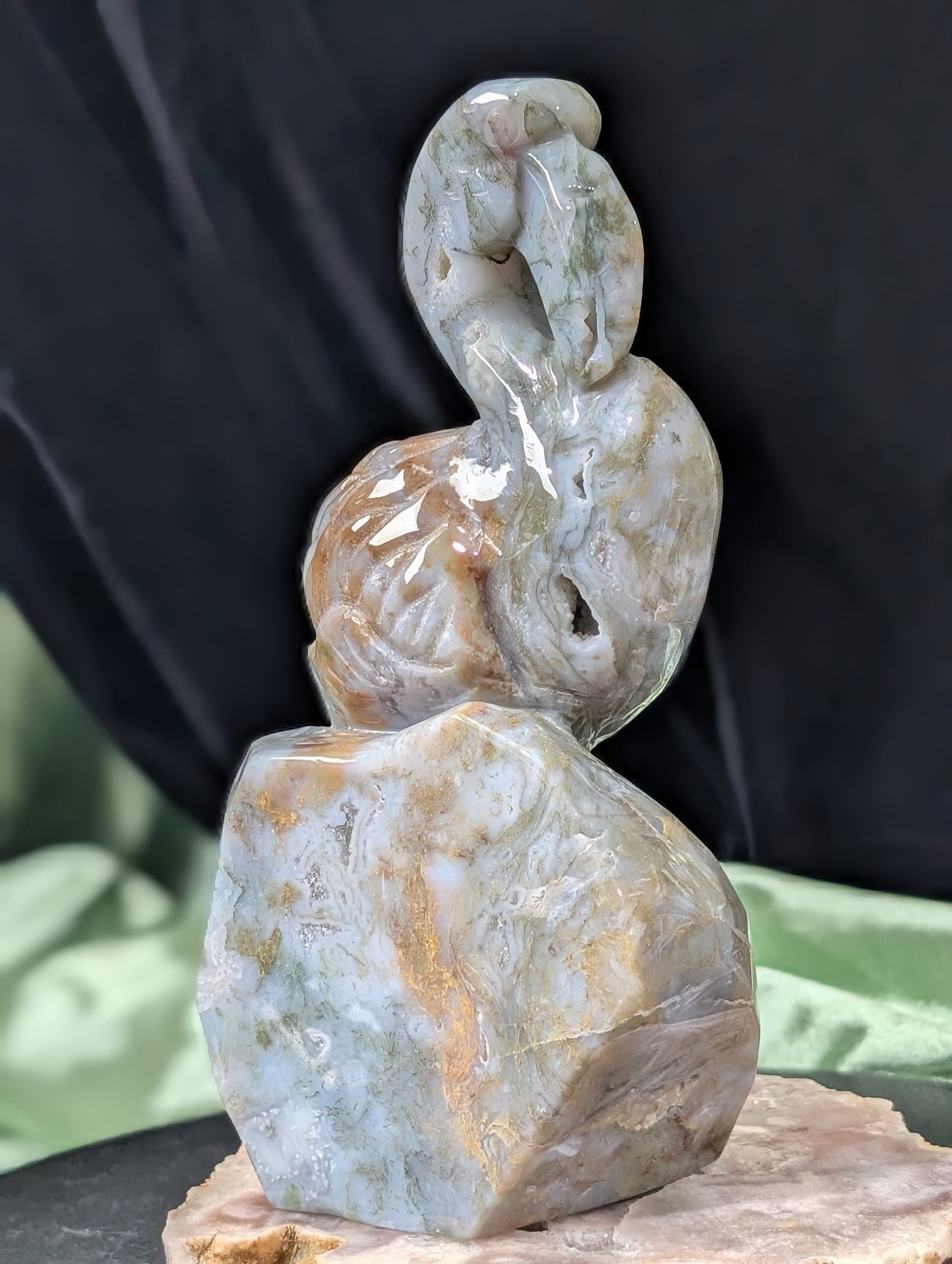 Moss Agate Flamingo Figurine