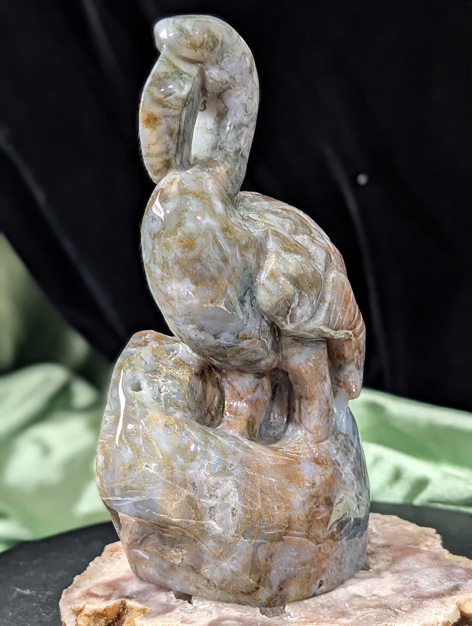 Moss Agate Flamingo Figurine