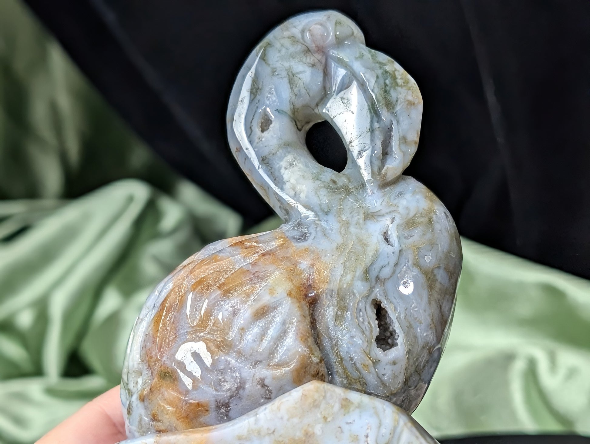 Moss Agate Flamingo Figurine