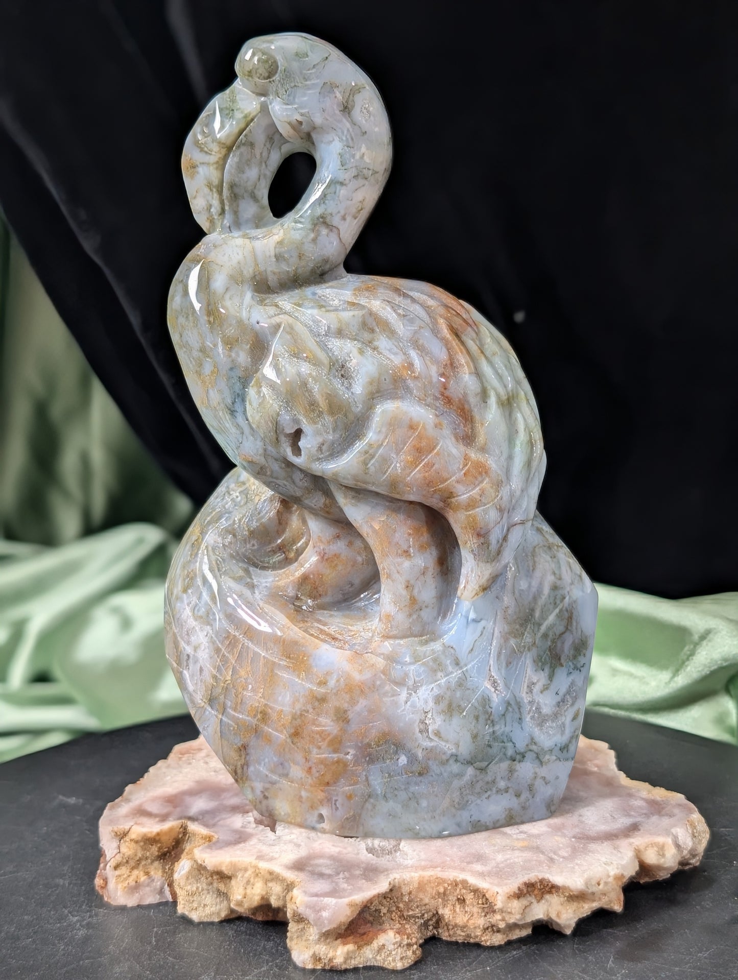 Moss Agate Flamingo Figurine