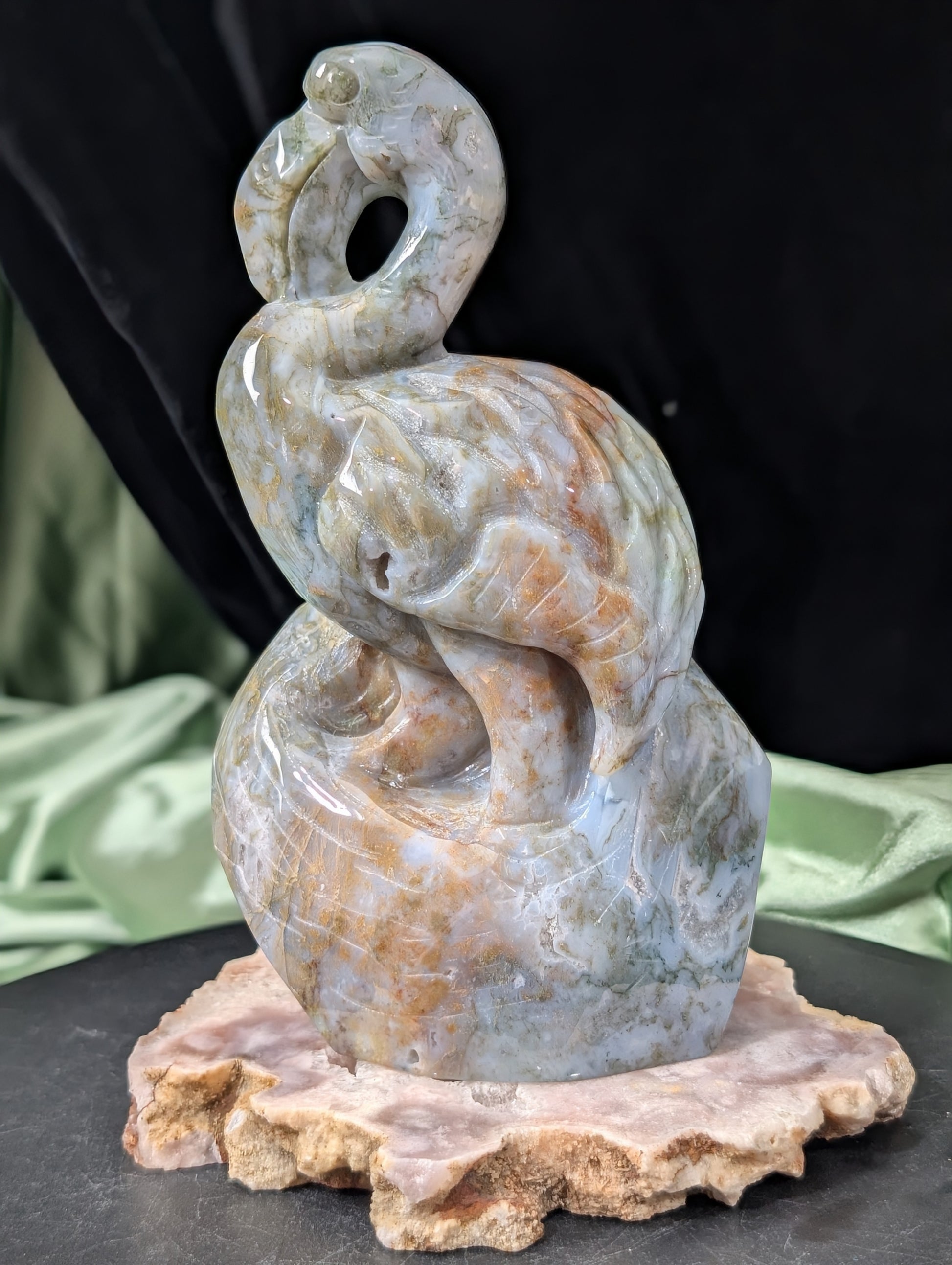 Moss Agate Flamingo Figurine